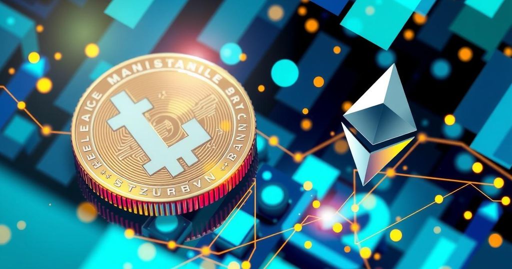 A vibrant, abstract digital portrayal of cryptocurrency trends, featuring Litecoin and Ethereum symbols amidst a colourful background.