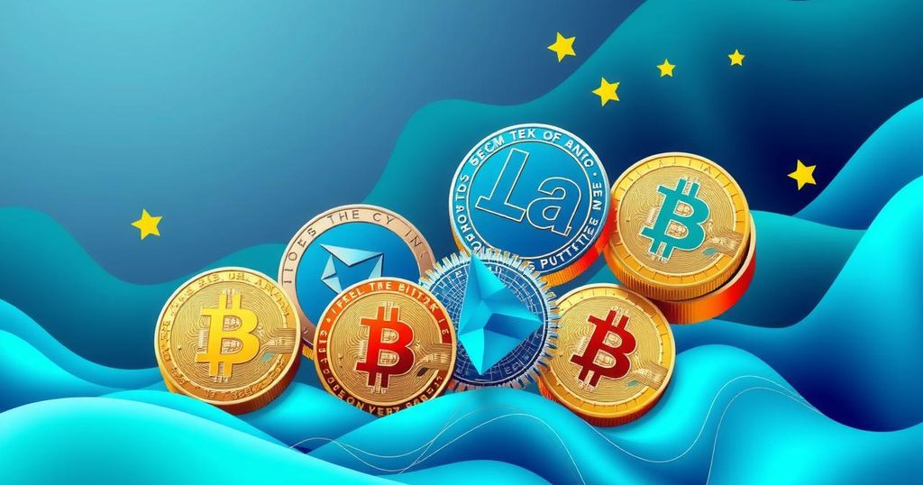 A colourful digital representation of various cryptocurrencies with symbolic coins and upward trends in a vibrant style.