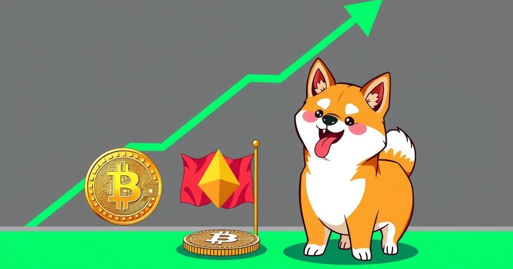 Cryptocurrency market trends with Ethereum rising, Bitcoin consolidating, and Shiba Inu testing resistance levels.