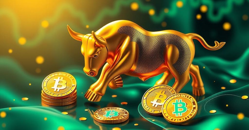 Abstract representation of cryptocurrency market trends with digital tokens and bullish motifs in vibrant colours.