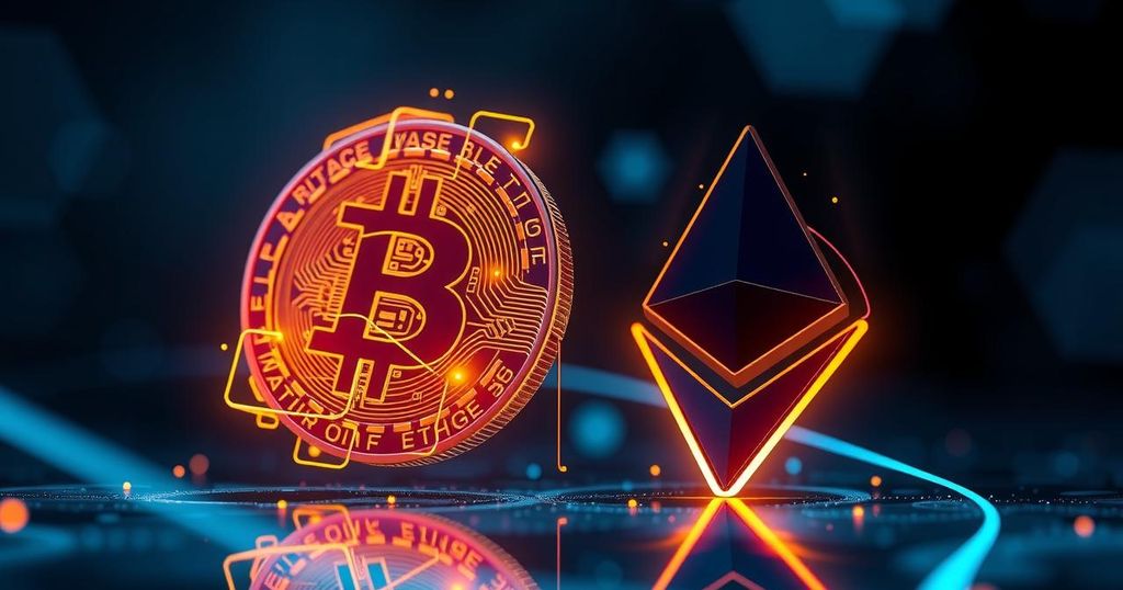 A modern digital representation of a cryptocurrency ETF, featuring Bitcoin and Ethereum symbols with a futuristic background.