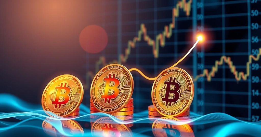 A digital currency concept with rising bitcoin coins against a backdrop of abstract financial graphs in vibrant colours.