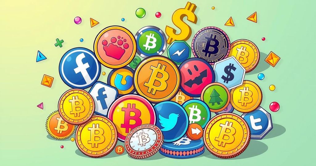 A vibrant illustration of diverse cryptocurrency symbols, with playful elements like memes and social media icons in bright colors.
