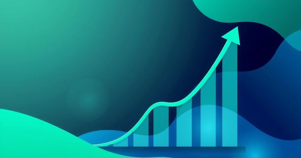 A financial graph showcasing an upward trend in Bitcoin inflows with abstract green and blue elements.