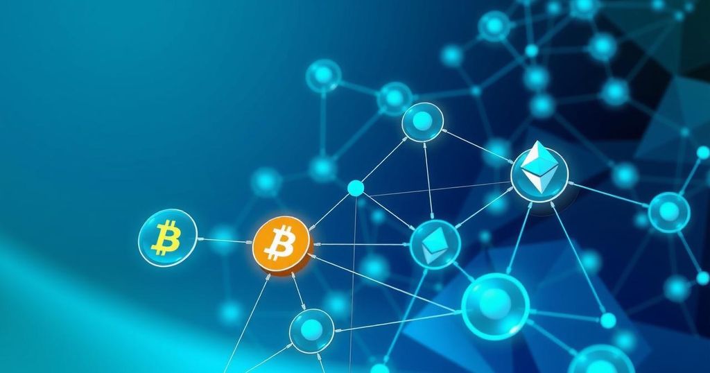 An abstract illustration of a blockchain network with secure pathways and digital currencies, symbolising crypto recovery.