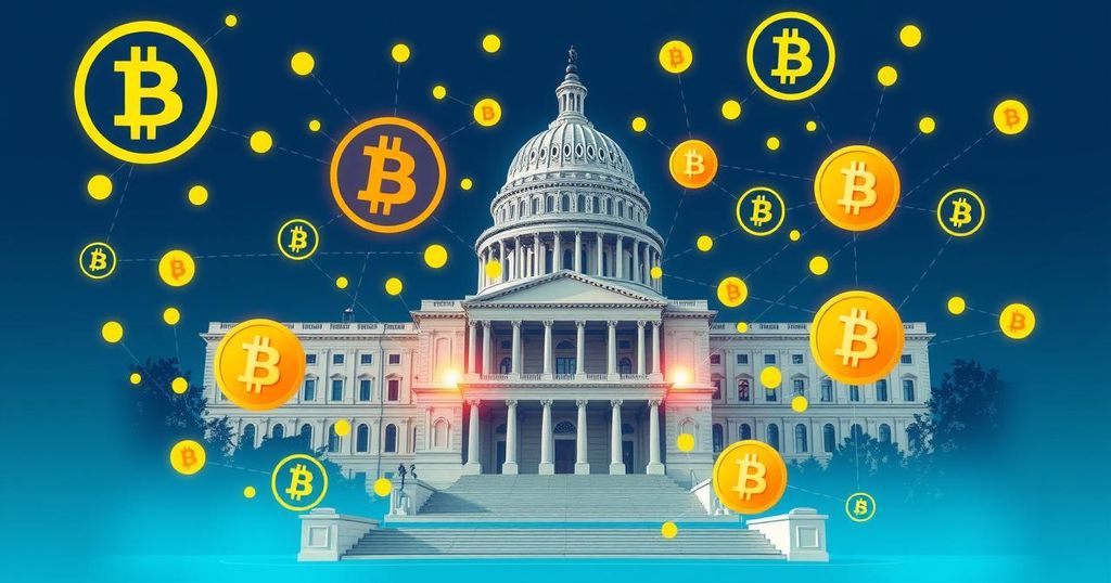 Congressional building with vibrant digital currency symbols and blockchain icons, representing crypto legislation.