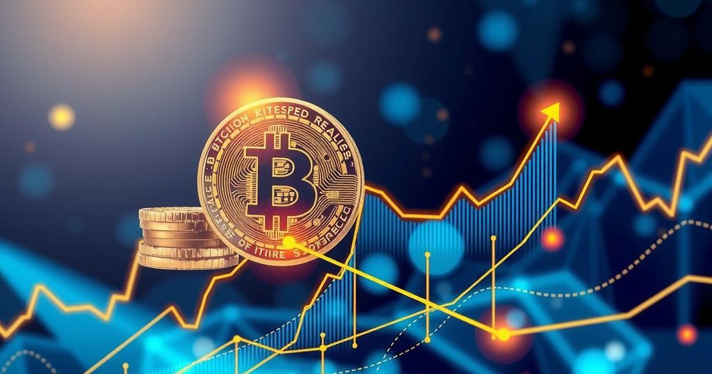 Abstract representation of Bitcoin soaring high with a backdrop of economic indicators and fluctuating graphs in bold colours.