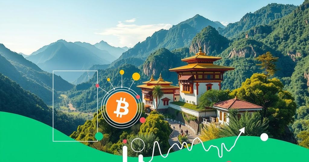 A vibrant landscape depicting crypto digital payments integration in Bhutan with mountainous scenery and eco-friendly elements.