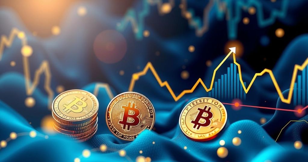 Abstract representation of cryptocurrency market fluctuations with coins and legal symbols, featuring blue and gold tones.
