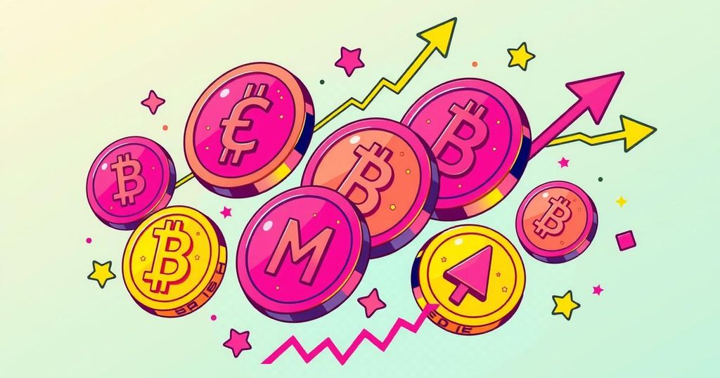 Meme coins thriving in the crypto market showcase vibrant graphics, digital currency symbols, bright colours and upward trends.