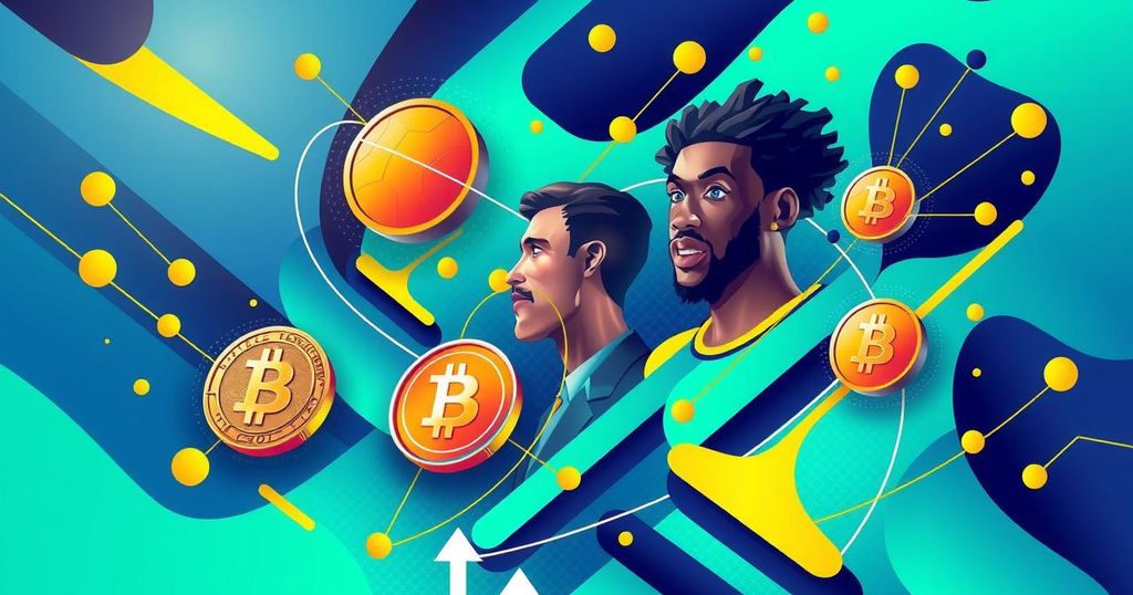 An abstract digital art representation of cryptocurrency themes in sports, featuring vibrant colours and dynamic shapes.