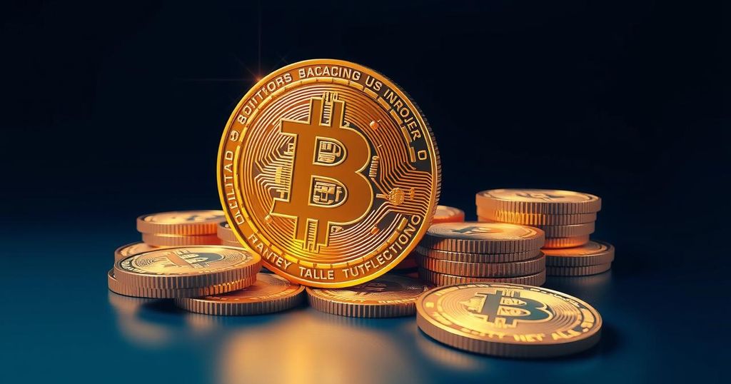 A digitally rendered Bitcoin symbol surrounded by golden coins on a dark blue background, representing financial growth.