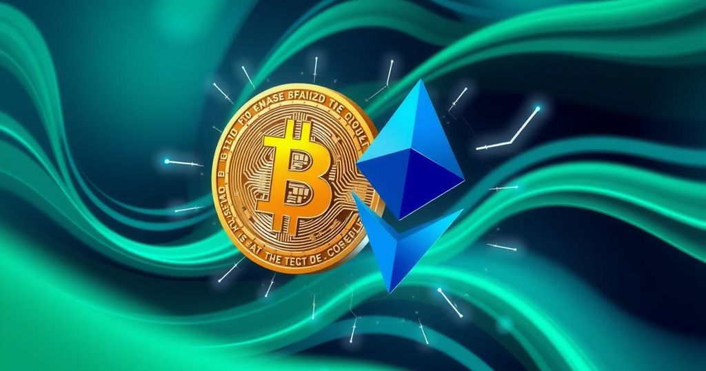 A dynamic abstract graphic depicting Ethereum overtaking Bitcoin, with vibrant blue and green hues symbolizing growth.