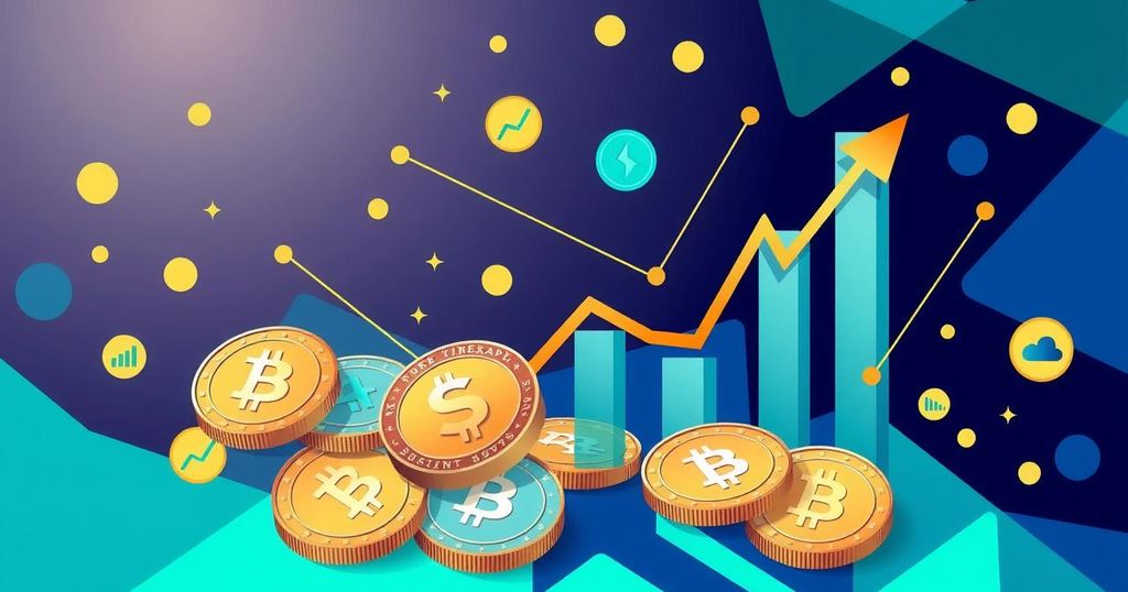 A digital representation of cryptocurrencies with elements like charts and coins, in a modern, vibrant style.