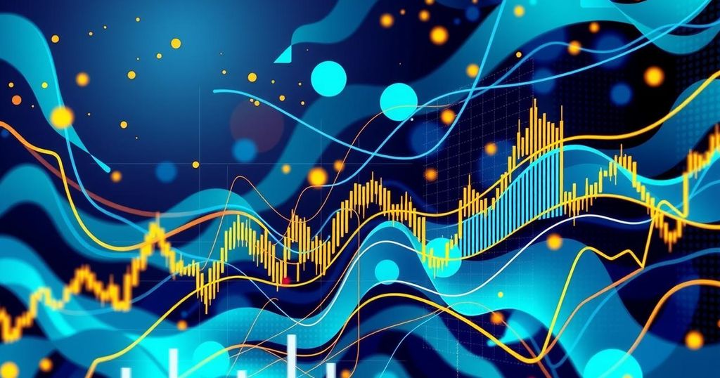 Abstract representation of cryptocurrency market trends and predictions with digital elements and vibrant colour scheme.