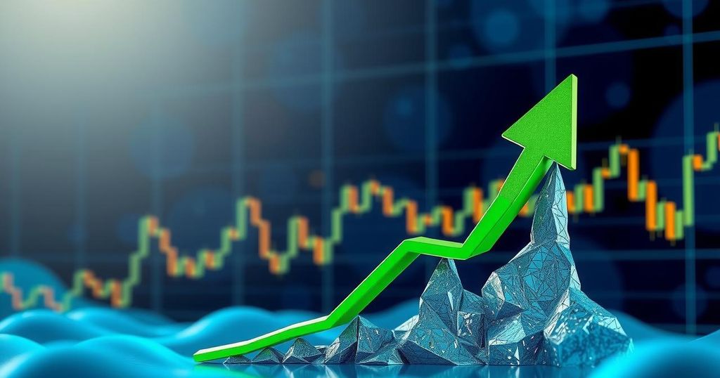 A digital representation of Ethereum price trends showcasing a green upward arrow and charts in vibrant blue and gold tones.