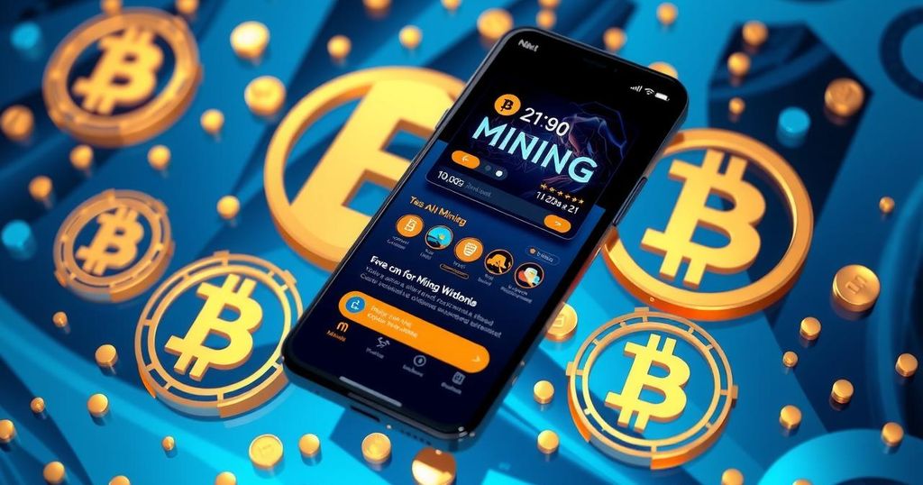 A smartphone displaying a digital mining dashboard against a futuristic background of cryptocurrencies and technology.