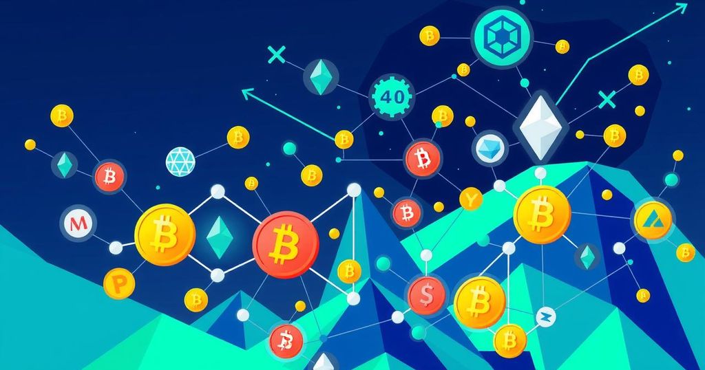 A digital landscape showcasing cryptocurrency elements in vibrant blue and green tones, depicting crime trends and intelligence.