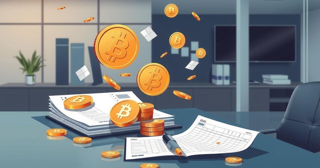 Conceptual illustration of Bitcoin as a corporate treasury asset with gold and silver coins in a corporate office setting.