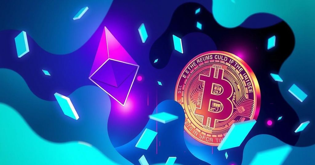 Ethereum ETFs lead daily inflows, surpassing Bitcoin, depicting cash flow graphics and digital currency symbols.