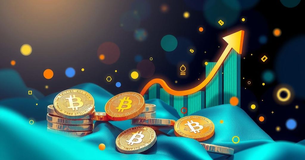 A digital illustration featuring vibrant abstract representations of altcoins in a rising market trend.