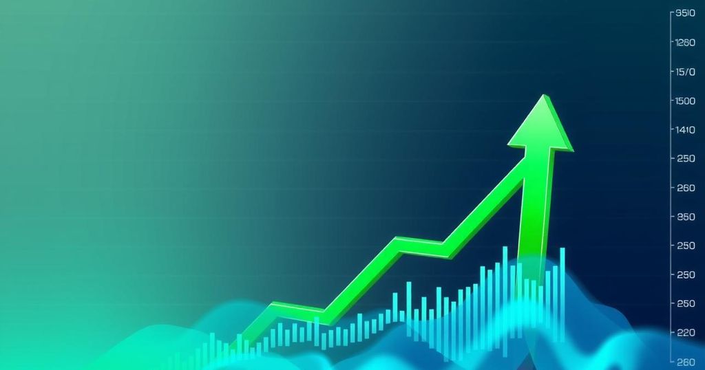 A bullish trading chart with a green upward arrow, depicting price levels and support zones in a vibrant colour scheme.