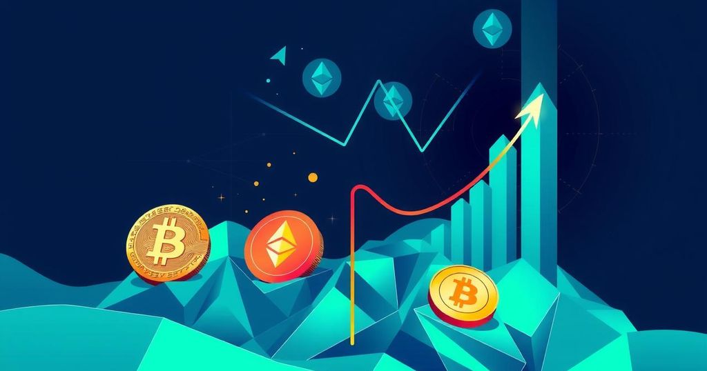 A vibrant digital landscape depicting Bitcoin and other cryptocurrencies soaring against a backdrop of bullish trends.