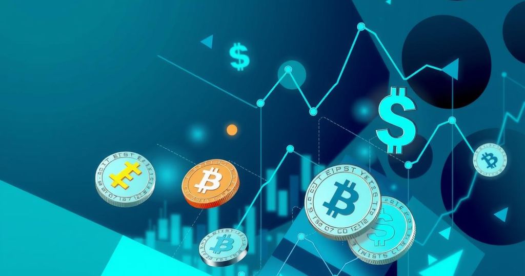 A digital art representation of cryptocurrency with money symbols and abstract charts in a blue and green colour scheme.