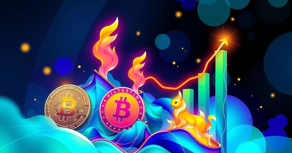 A vibrant digital illustration of various cryptocurrencies soaring in price, showcasing dynamic charts and bright coins.