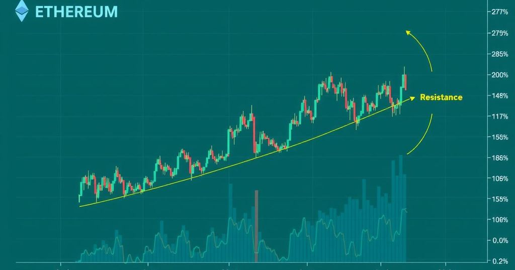 Graph illustrating Ethereum trends in a green market with fluctuating price and resistance levels.