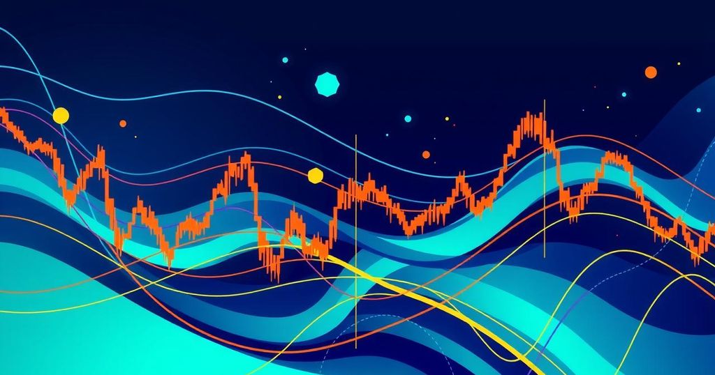Graphical representation of fluctuating cryptocurrency market trends with abstract lines and vibrant colours.