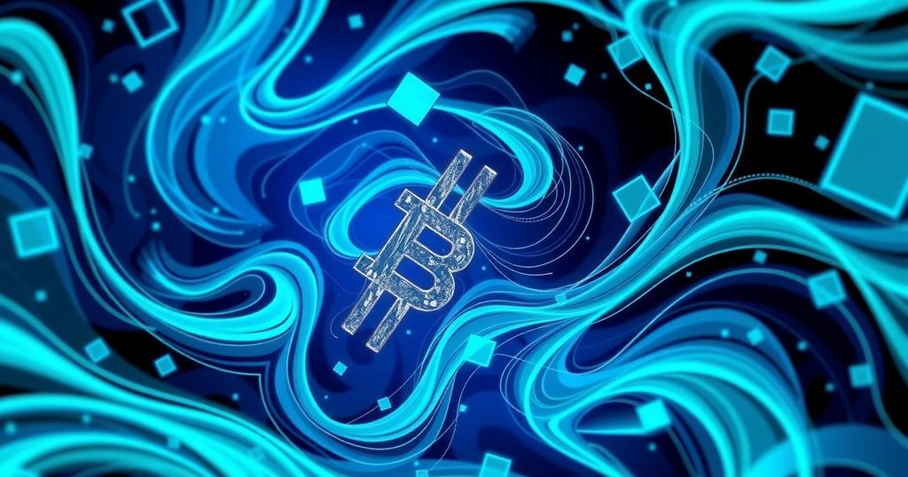 A digital art piece depicting cryptocurrency as abstract shapes and patterns with vibrant blues and greens.