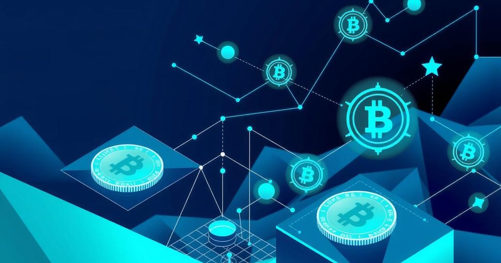 A digital landscape depicting blockchain elements illustrating crypto payroll compliance themes with vibrant blue and green colours.