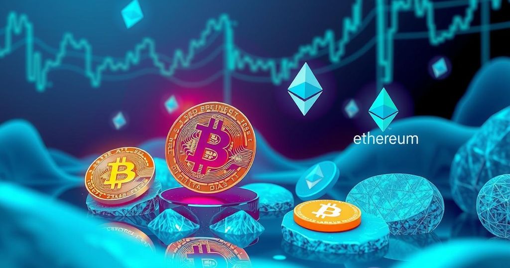 A vivid illustration of diversified cryptocurrencies symbolizing investment growth with modern tech elements in a digital style.