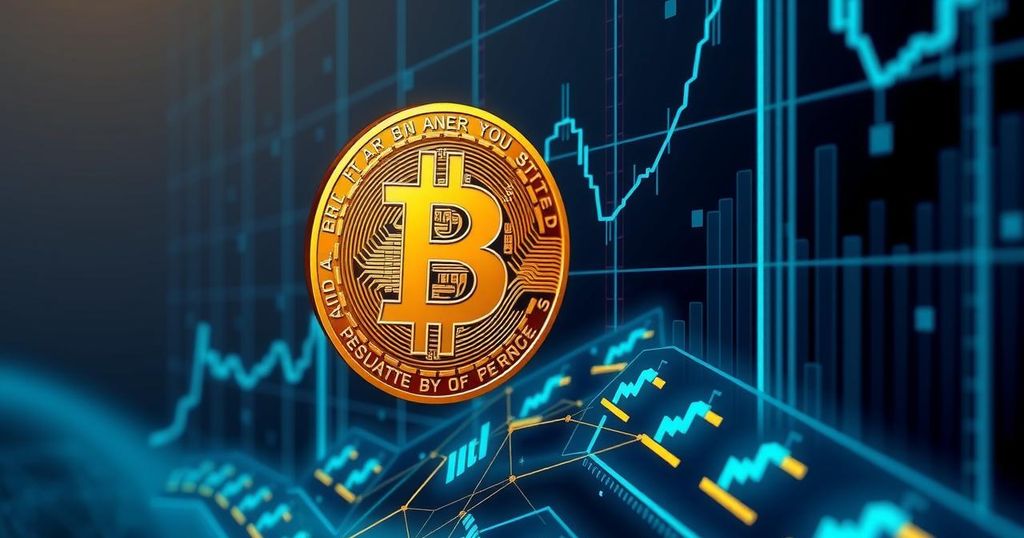Golden Bitcoin symbol surrounded by a digital blockchain background, symbolizing market stability and growth.