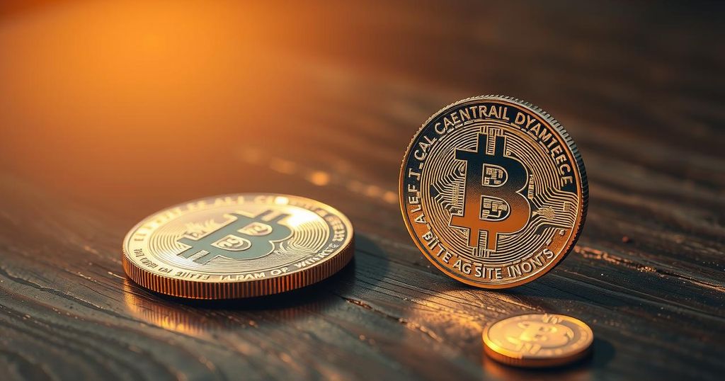 A silver coin glimmers beside a Bitcoin symbol on a wooden table, surrounded by soft light reflecting on the coins.