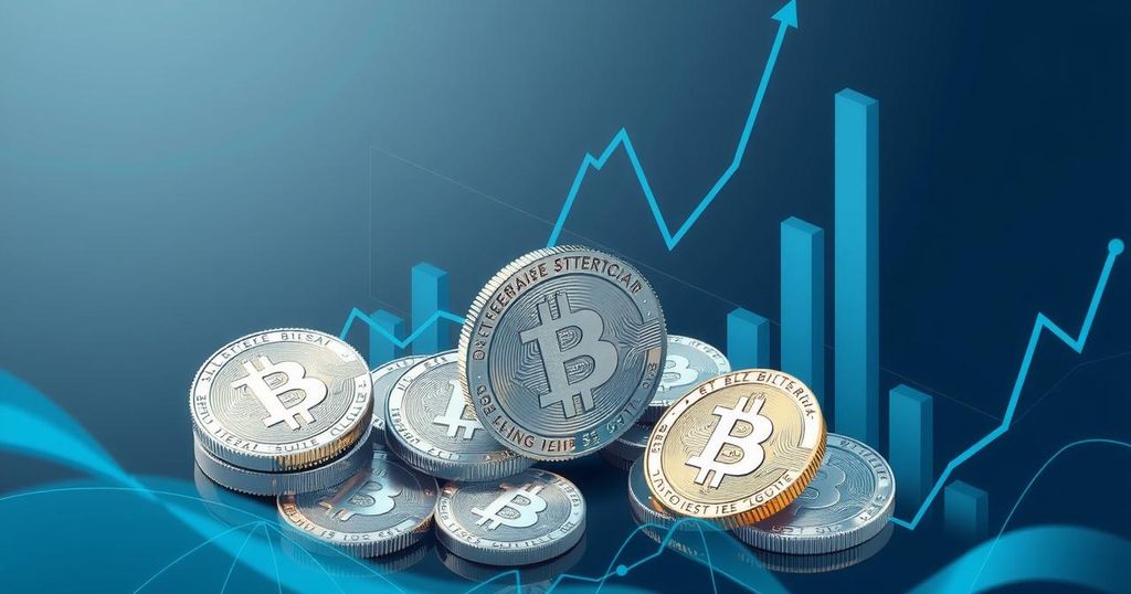 A cryptographic theme showcasing digital coins and investment charts, set in blue and grey tones, with a modern design.