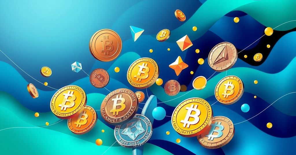 Intricate digital representation of cryptocurrencies with vibrant colours, inspired by modern art styles.