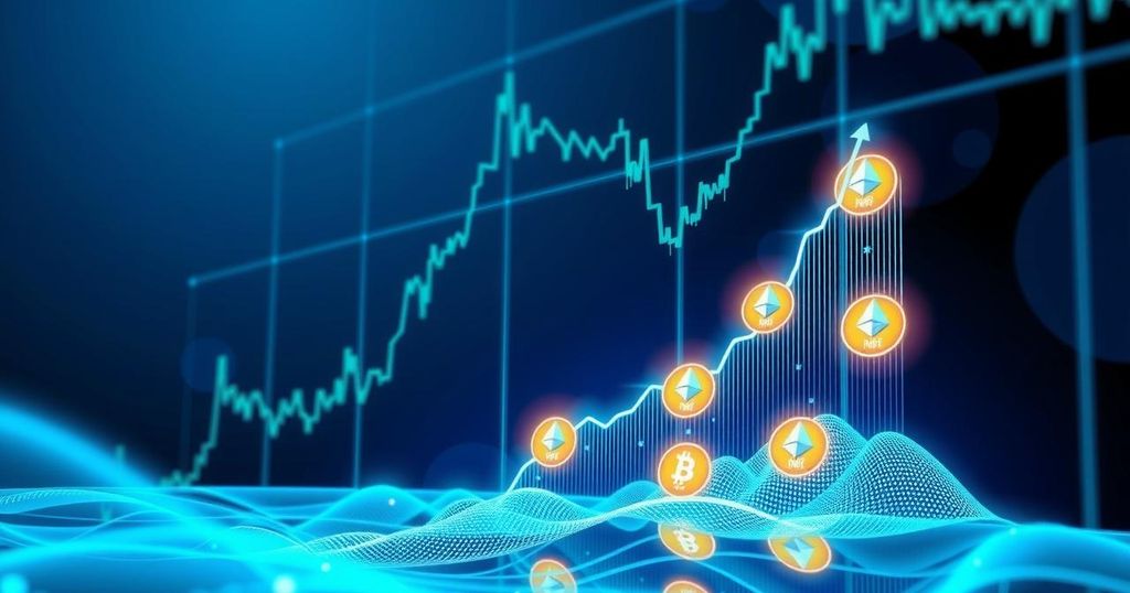 A digital representation of Ethereum's potential rise, featuring an upward graph with altcoin symbols and bright colours.
