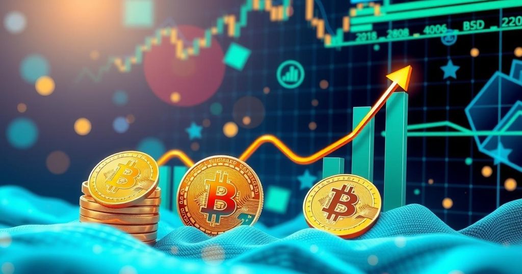 A digital cryptocurrency scene with Bitcoin symbols and graphs showing price increase, in vibrant colours.