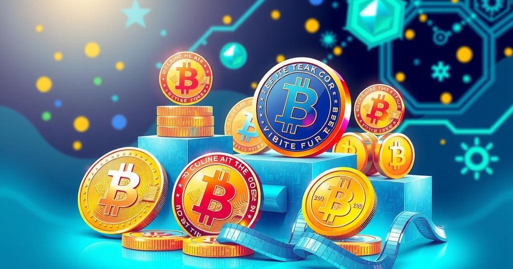 A digital illustration of cryptocurrency coins with vibrant colours, symbolising investment opportunities and growth.