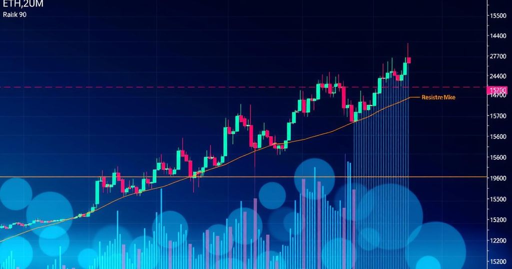 Graph illustrating Ethereum price movement with support and resistance levels in a dynamic and colourful style.