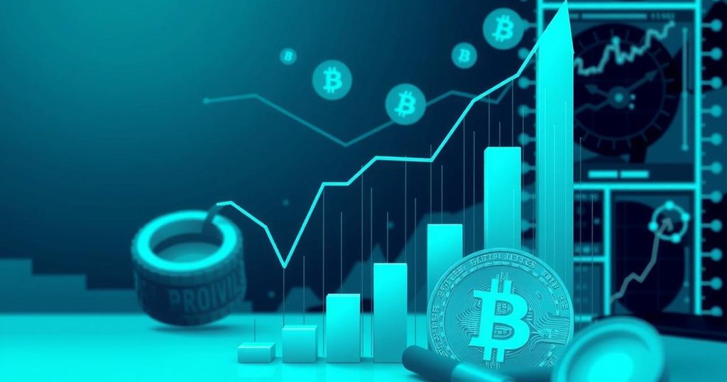 A vibrant upward chart symbolising Bitcoin's growth amid a tech stock surge, with cool blues and greens enhancing the mood.