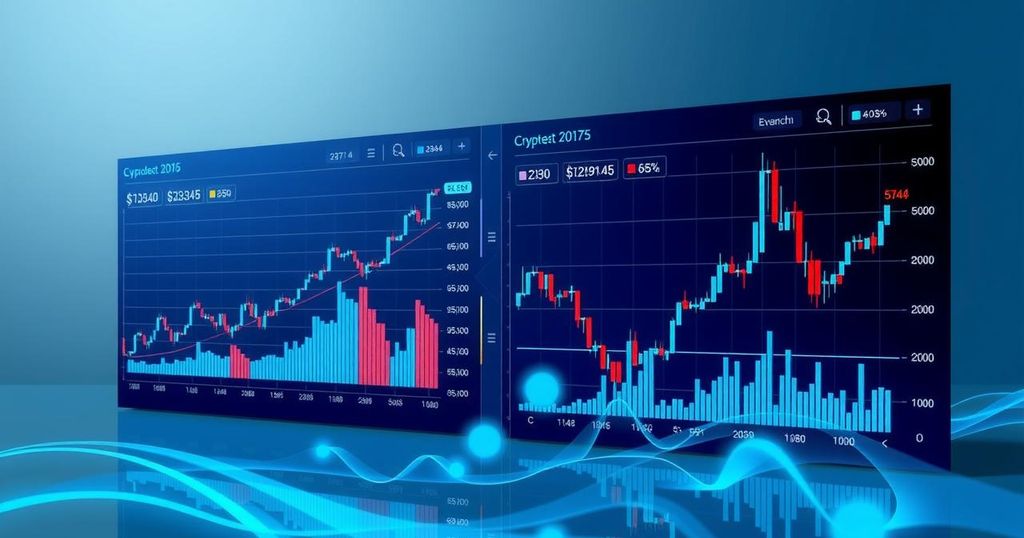 A futuristic digital interface showcasing crypto market data with charts and graphs in cool tones of blue and grey.