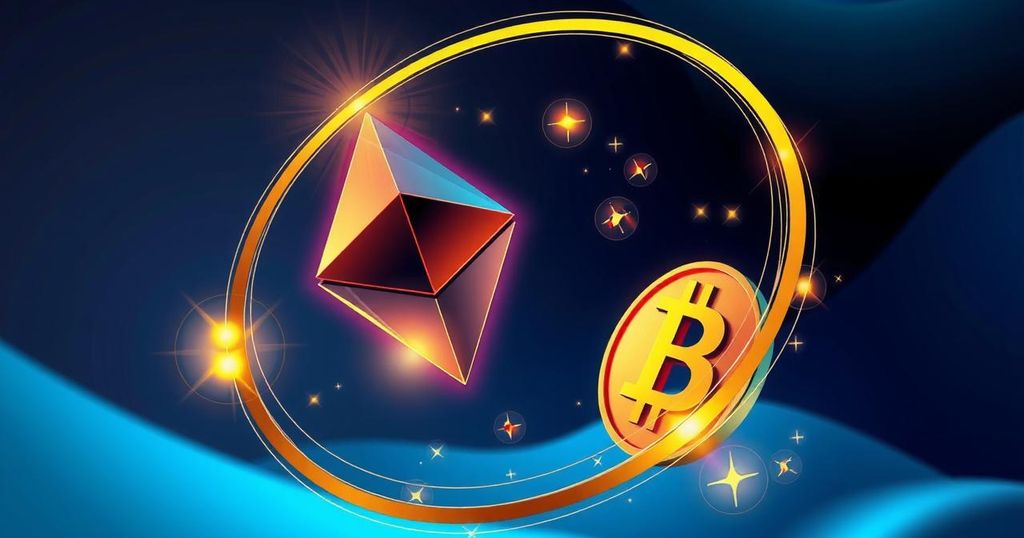 A vibrant abstract representation of cryptocurrency trends with Ethereum and Bitcoin symbols, using a futuristic colour gradient.