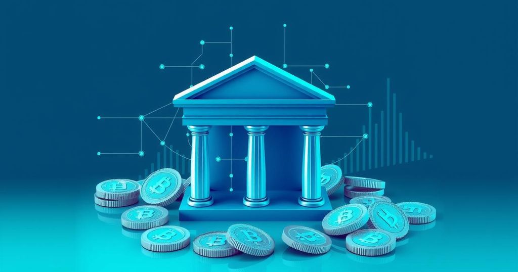 A symbol of banking and cryptocurrency, featuring a stylised bank building and digital coins, in modern art style with blue and green hues.