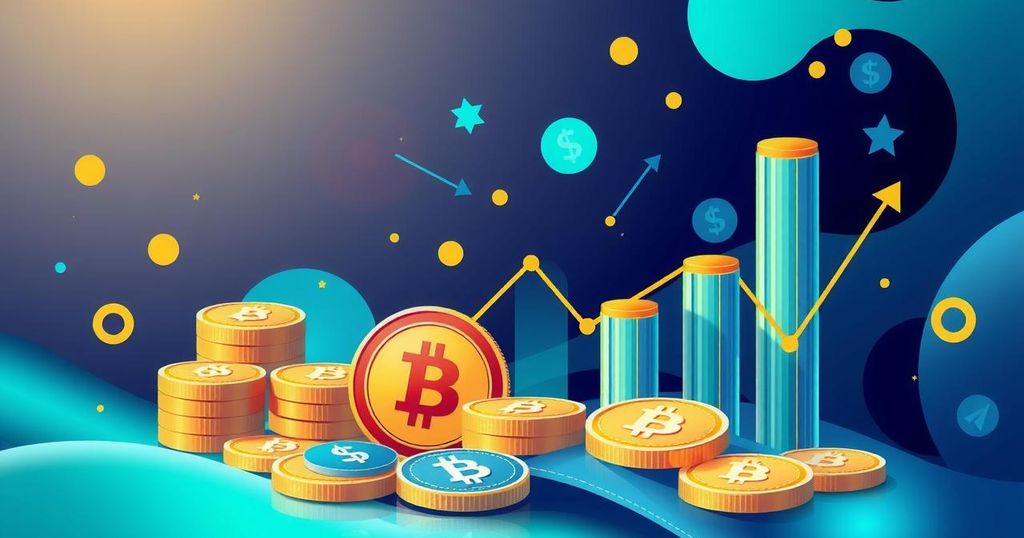 A modern financial theme illustration depicting cryptocurrency and investment schemes with vibrant colours.
