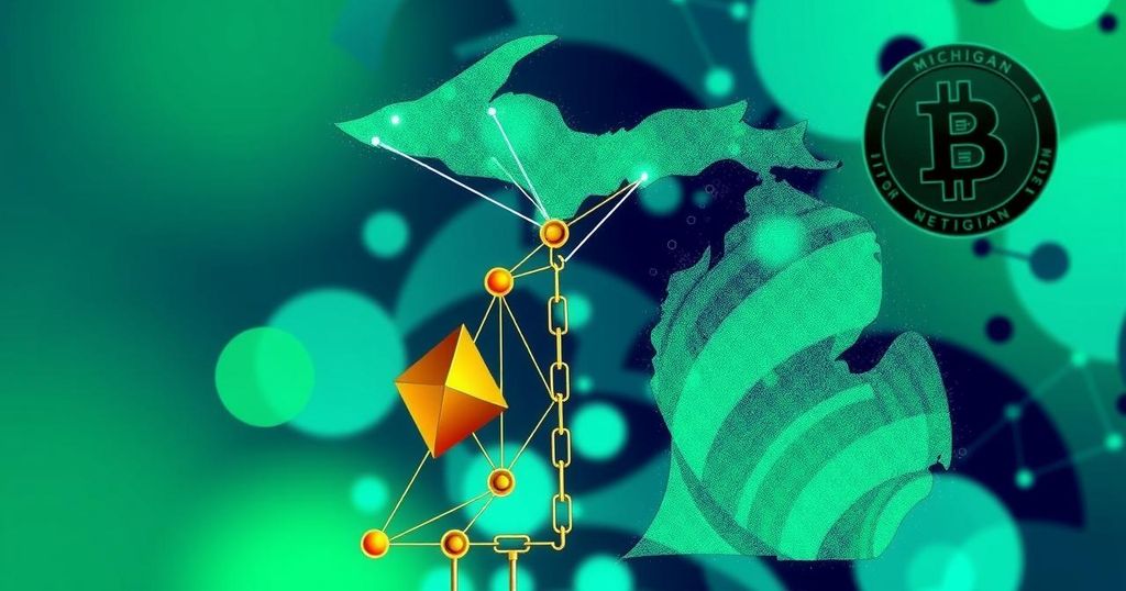 An abstract representation of Michigan's cryptocurrency innovation with blockchain motifs and a green and blue colour scheme.