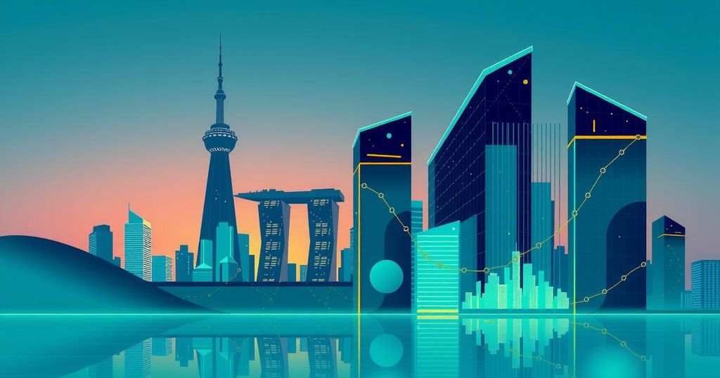 A modern city skyline representing digital finance and cryptocurrency advancements in a vibrant colour scheme.