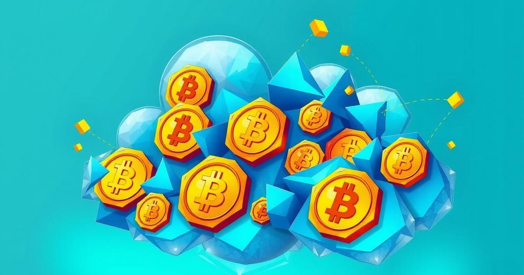 Dynamic cryptocurrency cloud mining concept with digital currencies in vibrant colours and modern geometric shapes.